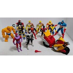 VINTAGE TOYBIZ MIXED MARVEL ACTION FIGURE LOT OF 12 FIGURES + MUTANT CYCLE